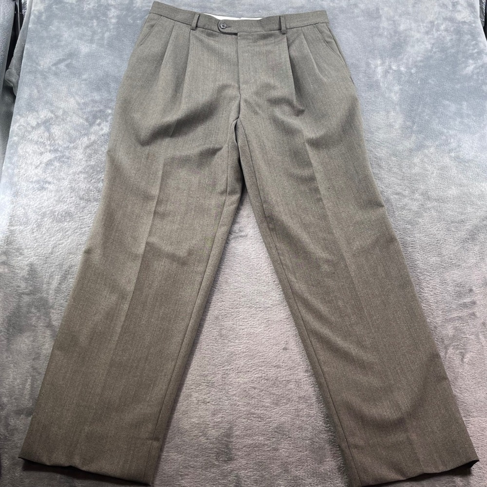 Hickey Freeman Collection Mens 36 Brown Herringbone Pleated Dress Pants C802